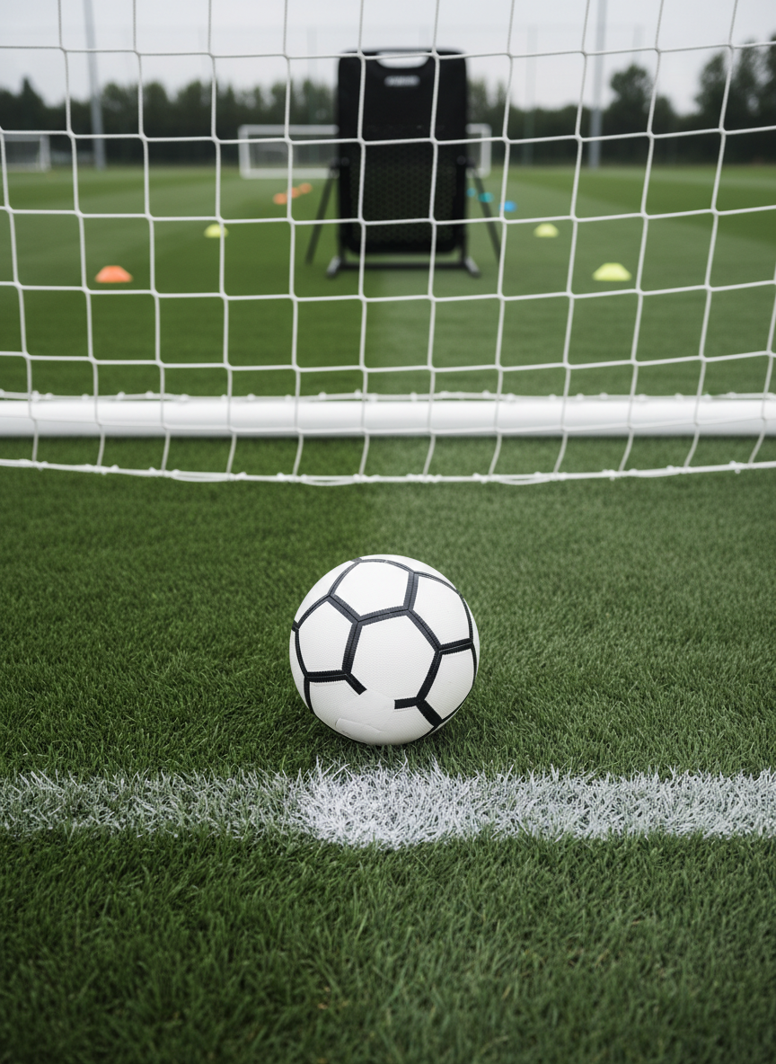 A close-up photographic view of a modern football goalmouth on a perfectly lined training pitch, with a single immaculate ball placed exactly on the penalty spot. The lush green grass shows precise mowing patterns, and the white penalty arc and spot are sharply painted. Soft overcast daylight creates even, diffused lighting with minimal harsh shadows, highlighting the subtle texture of the net and the ball’s stitched panels. In the distance, slightly out of focus, small training cones and a portable rebound wall hint at structured technical drills. Shot from a low, forward-facing angle toward the goal, with a shallow depth of field, the mood is professional, calm, and focused, ideal for conveying precision and individual skill development.