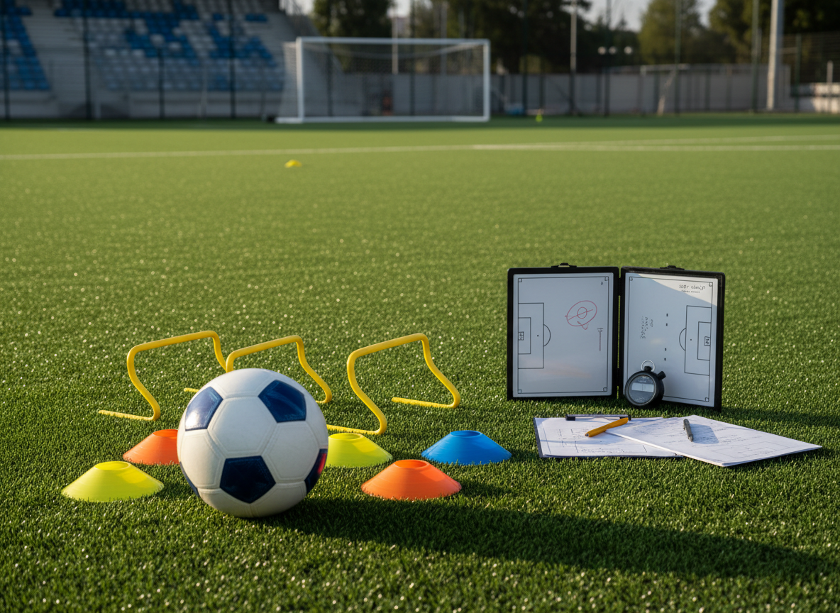 A neatly arranged set of high-quality football coaching equipment is laid out on a perfectly trimmed green artificial pitch: a pristine white and navy football, brightly colored flat cones, small agility hurdles, a folded tactics whiteboard, and a stopwatch resting beside a clipboard of training plans. The scene is photographed at eye level in soft late-afternoon natural light, creating gentle shadows and subtle highlights on the textured ball and rubber cones. In the softly blurred background, full-size goalposts and distant stadium seating suggest a professional environment. The composition follows the rule of thirds with a clean, modern, photographic realism style, conveying a professional, focused atmosphere suited to elite individual training for young players.