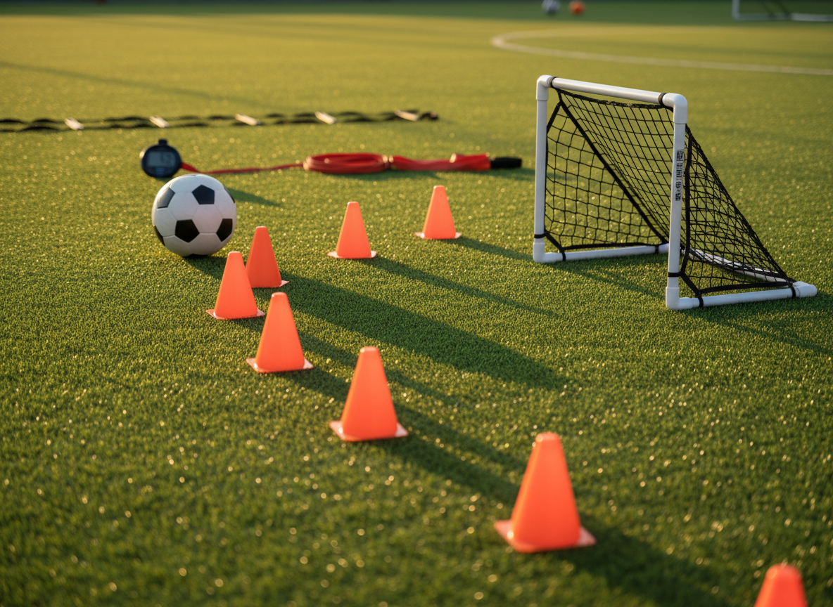 A narrow depth-of-field, side-on photographic view of a row of small orange agility cones leading toward a portable mini-goal on a smooth synthetic training pitch. A high-quality ball rests just behind the first cone, its textured surface catching the glow of golden hour sunlight. Long, warm shadows stretch diagonally across the green surface, emphasizing the pathway of the dribbling drill. In the background, softly blurred, are additional training tools: a ladder laid flat, a set of resistant bands, and a digital timer on the turf. The composition uses leading lines to draw the eye toward the goal, creating an energetic yet controlled atmosphere that reflects structured, professional skill development for young footballers.