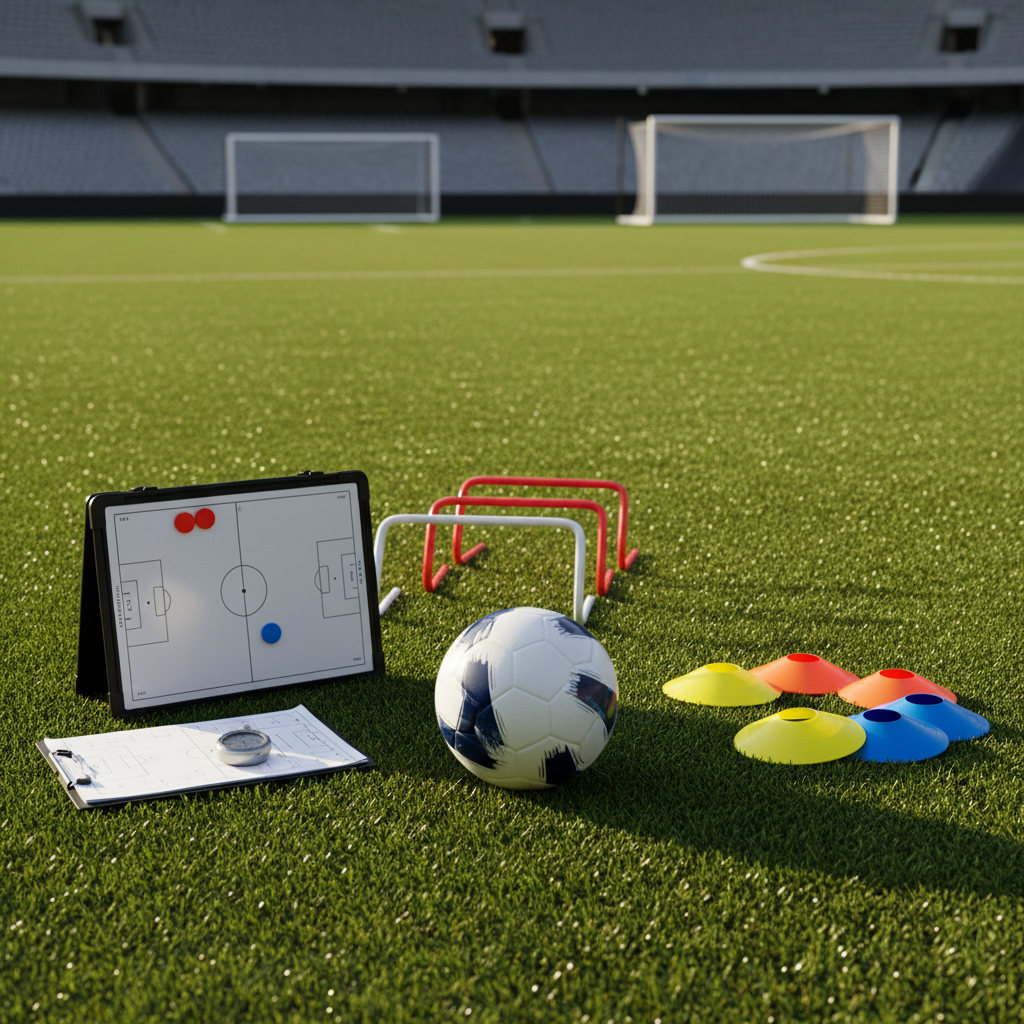 A neatly arranged set of high-quality football coaching equipment is laid out on a perfectly trimmed green artificial pitch: a pristine white and navy football, brightly colored flat cones, small agility hurdles, a folded tactics whiteboard, and a stopwatch resting beside a clipboard of training plans. The scene is photographed at eye level in soft late-afternoon natural light, creating gentle shadows and subtle highlights on the textured ball and rubber cones. In the softly blurred background, full-size goalposts and distant stadium seating suggest a professional environment. The composition follows the rule of thirds with a clean, modern, photographic realism style, conveying a professional, focused atmosphere suited to elite individual training for young players.