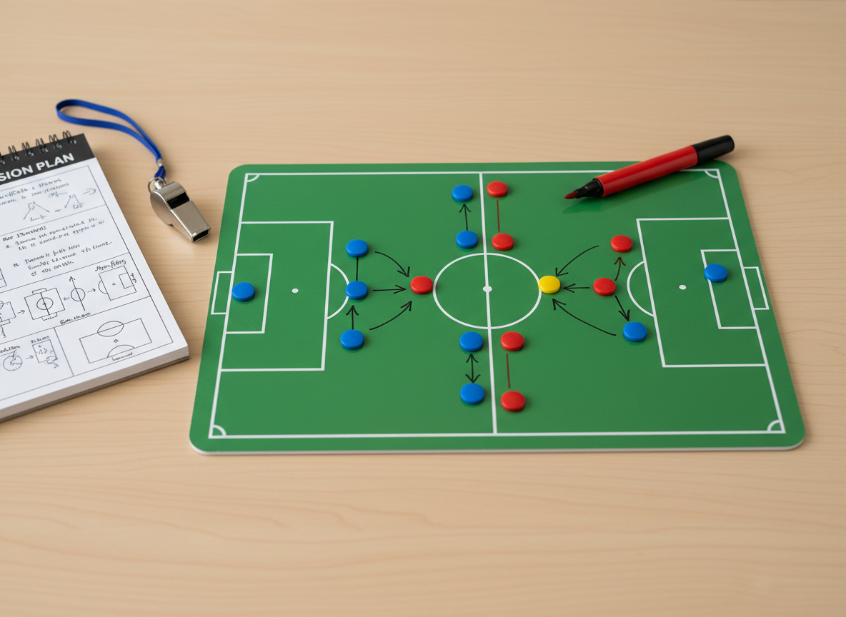 An overhead photographic shot of a laminated, full-color tactical board placed on a clean wooden table, with small magnetic markers arranged to show a detailed coaching plan for a youth training session. The miniature pitch markings are crisp, and colored magnets represent different player positions and movement patterns, with a fine-tip marker resting diagonally across the corner. Soft indoor studio lighting illuminates the board evenly, creating gentle reflections without glare. A notebook with neatly written drills and a whistle on a lanyard sit nearby, slightly out of focus. The composition is clean and balanced, emphasizing organization and strategy. The mood is analytical yet approachable, perfectly suited to a professional one-on-one coaching business focused on helping young players understand the game.