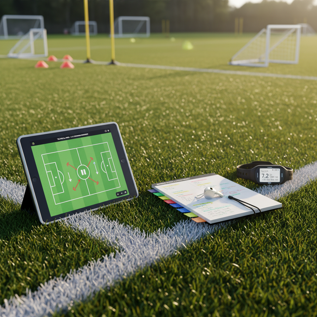 A close-up photographic image of professional football training tools arranged on the sideline of a youth-sized pitch: a digital tablet showing a paused technical drill animation, a spiral-bound session planner with colored annotations, a whistle, and a GPS performance tracker band. The lush touchline grass and crisp white boundary line run diagonally through the frame. Late-afternoon natural light casts soft, directional shadows, highlighting the sleek textures of the devices and the vibrant ink on the planner. The background is gently blurred but reveals portable goals and poles ready for use. The composition uses an asymmetrical balance, with a clean, modern aesthetic that communicates data-driven, professional one-to-one coaching for ambitious young players.