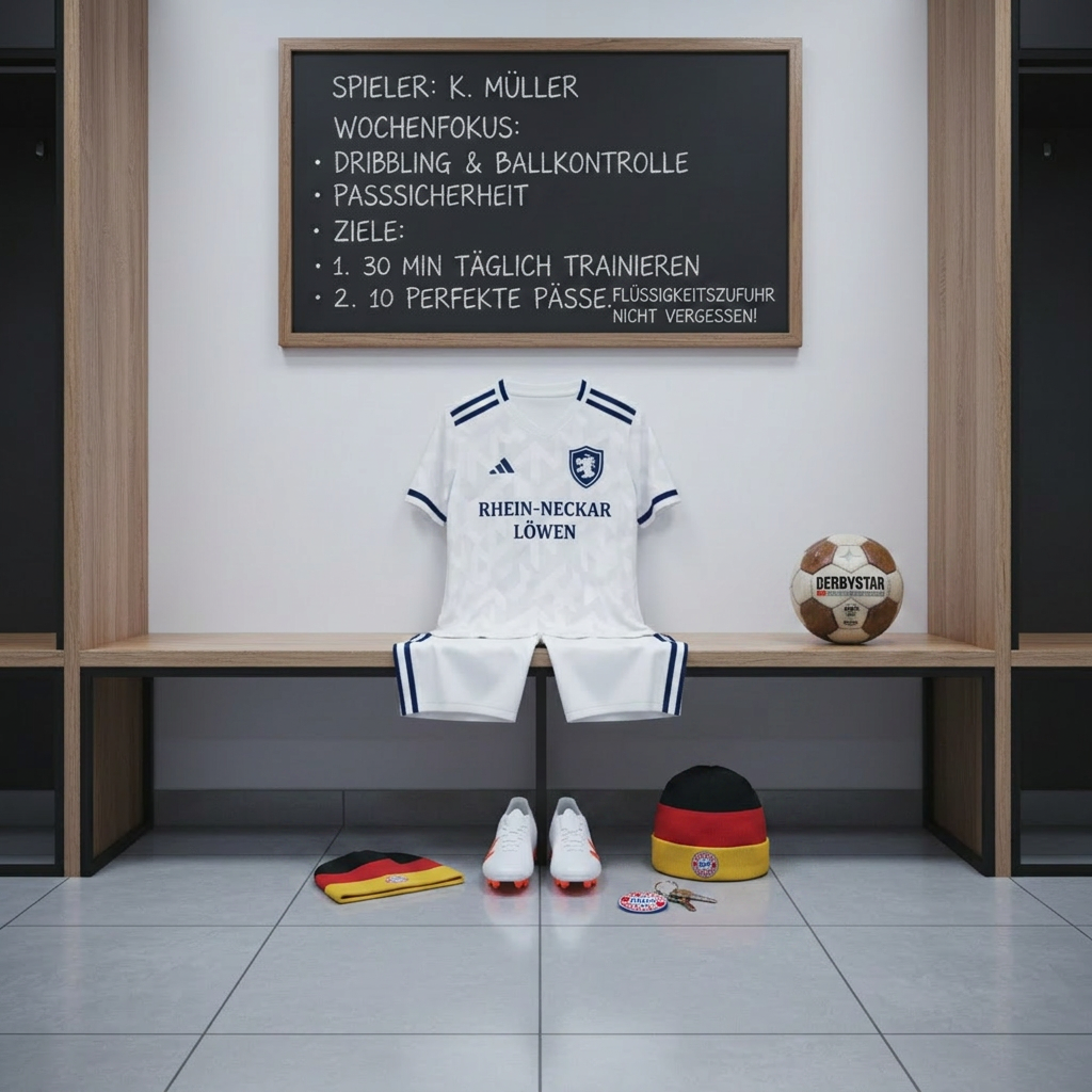 A pristine, modern locker room scene with a single, neatly arranged youth-sized football kit displayed on a wooden bench: clean white jersey with subtle club-style detailing, matching shorts, and carefully placed boots with vivid studs. A polished ball rests at the end of the bench, and above it hangs a simple chalkboard listing an individual training schedule and goals in tidy handwriting. Cool, even overhead lighting creates a professional, focused feel, with soft reflections on the tiled floor. The composition is centered and symmetrical, shot at eye level in photographic realism, suggesting preparation, discipline, and a personalized approach to helping young players improve their game.