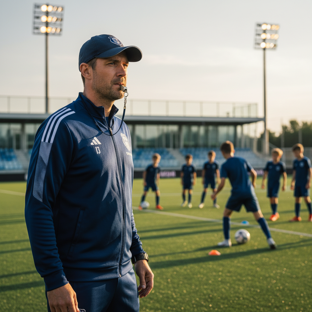 A dynamic, close-up photo of a football (soccer) coach on a modern training pitch, standing confidently with a whistle in his mouth while observing young players practicing in the background, shot in warm natural daylight, realistic photography style.