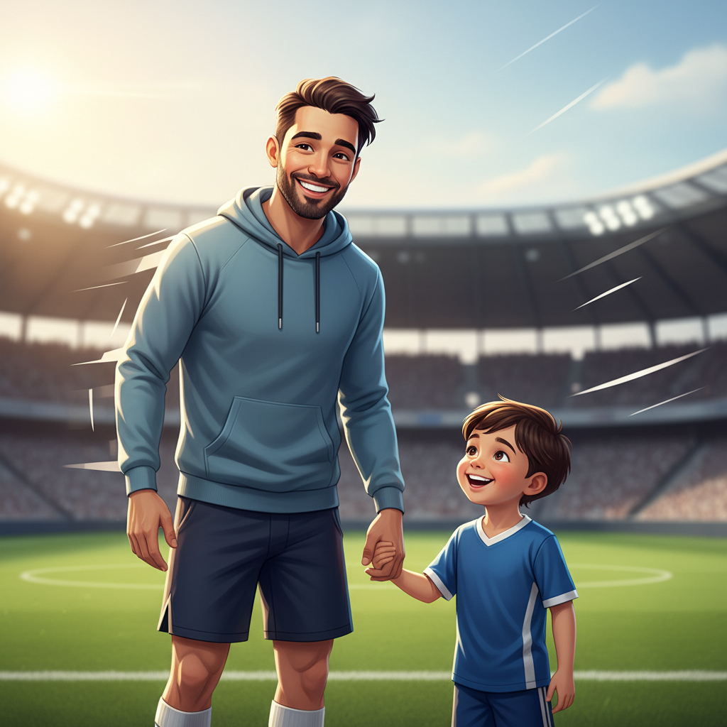 A warm, modern photo-style illustration of a smiling father in casual sportswear standing on a football pitch with his child, conveying trust and satisfaction with personal football coaching, clean background, bright but natural colors