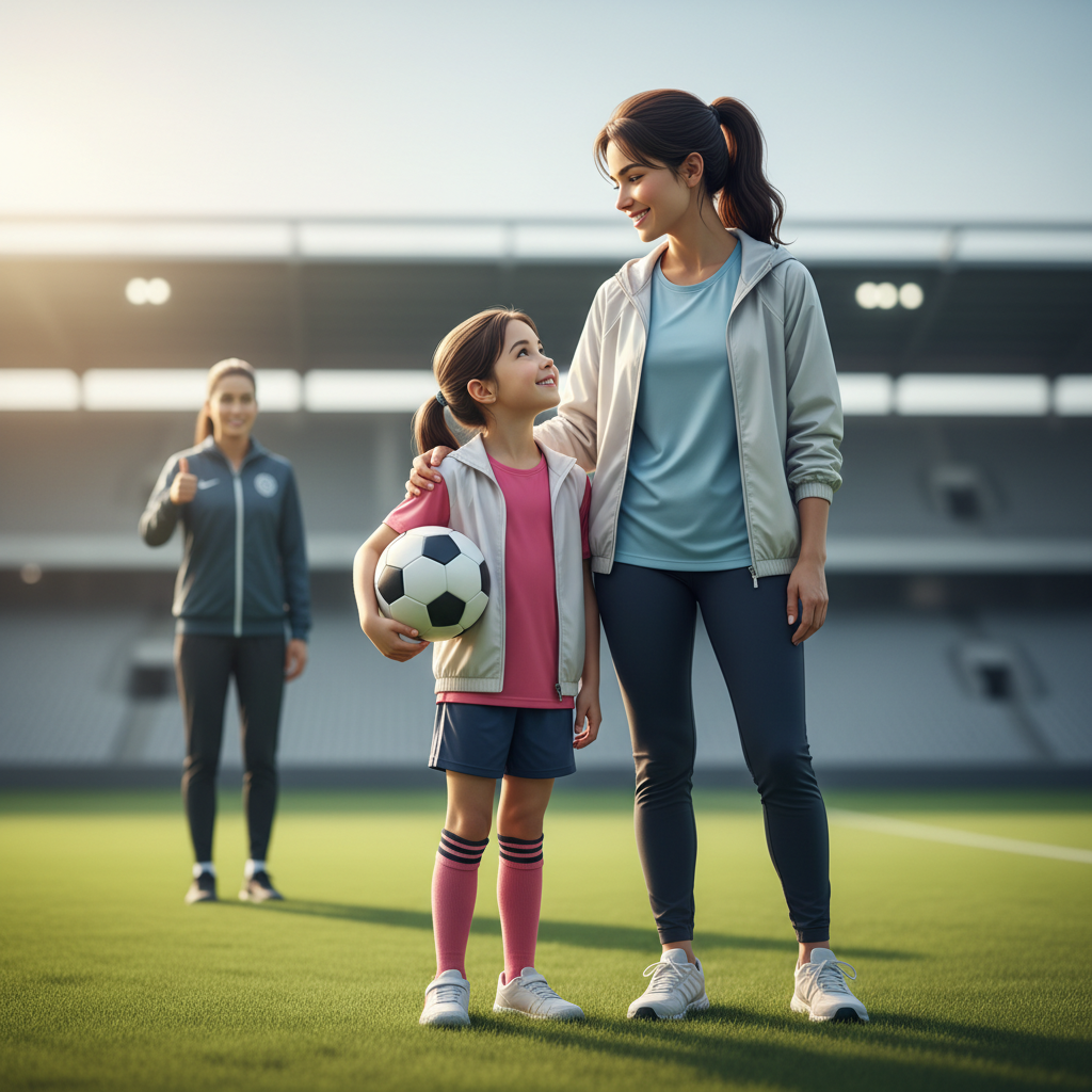 A warm, modern photo-style illustration of a smiling mother in casual sportswear standing on a football pitch with her daughter, conveying trust and satisfaction with personal football coaching, clean background, bright but natural colors